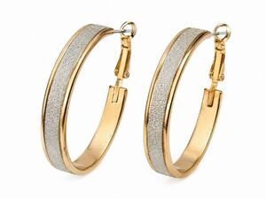 Vintage Gold Tone Moon Dust Textured Silver Inlay Oval Hoop Earrings Retro